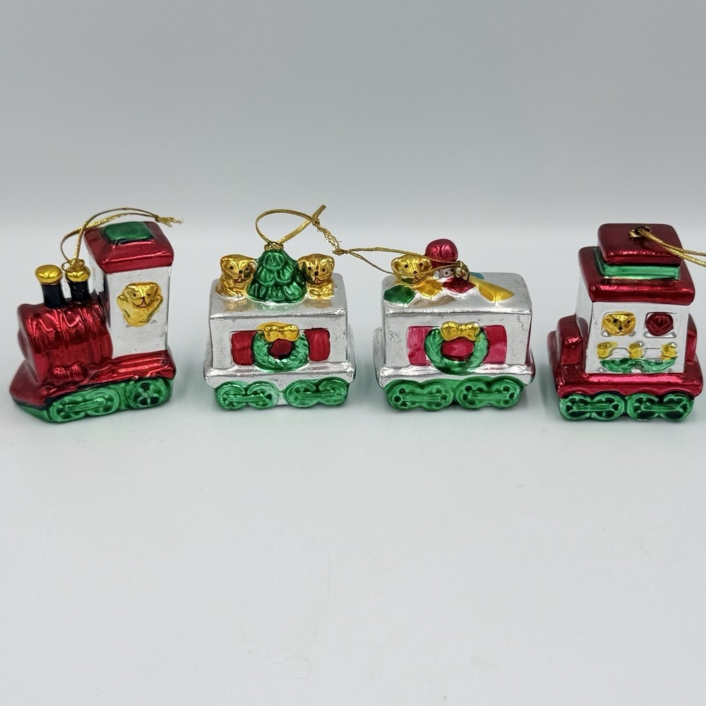 VTG Christmas Train Porcelain Ornament Set 4 Boxed Holiday Style Kitsch‎ Heavy